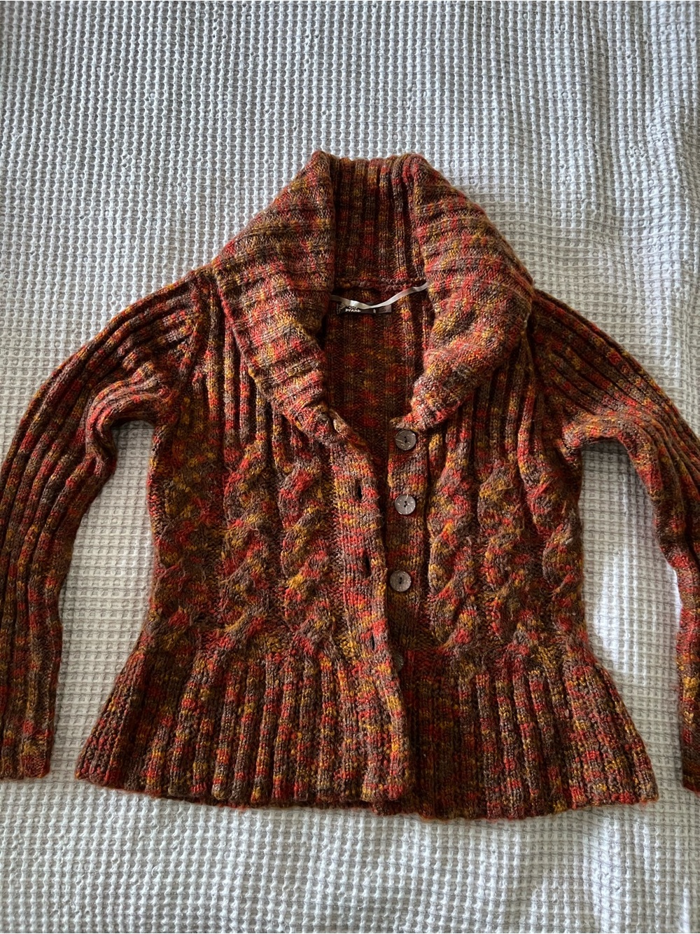 Prana Multicolor Brown Rust Mustard Shawl Collar Knit Cardigan - Picture 2 of 2